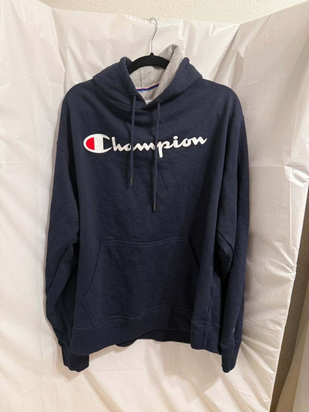 Champion Mens Navy Blue Spellout Script Logo Pullover Hoodie Sweatshirt XL